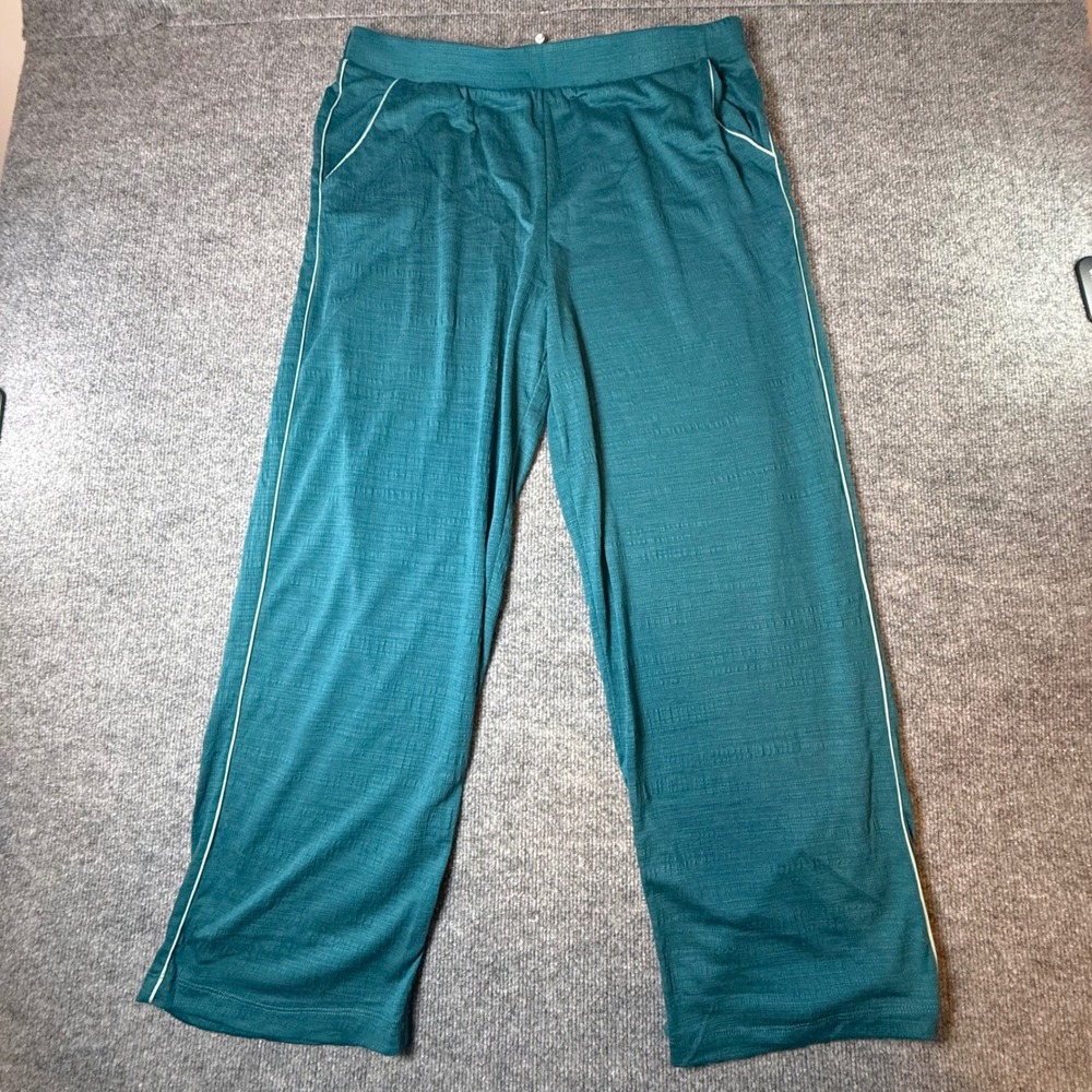 Midnight Teal Blue Slub Textured Pajama Pants Wide Leg Contrast Piping Large